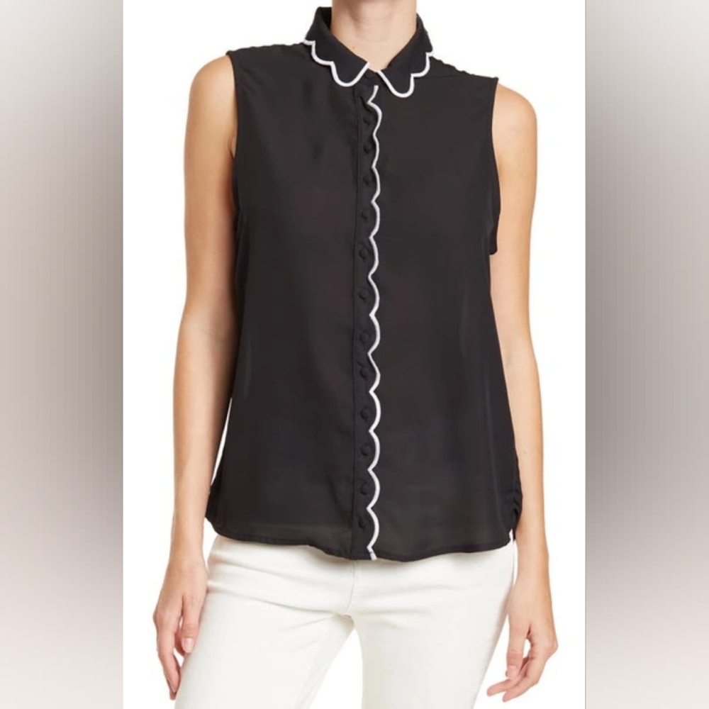 LAUNDRY BY SHELLI SEGAL Sleeveless Scalloped Button Down Blouse In Black Size M